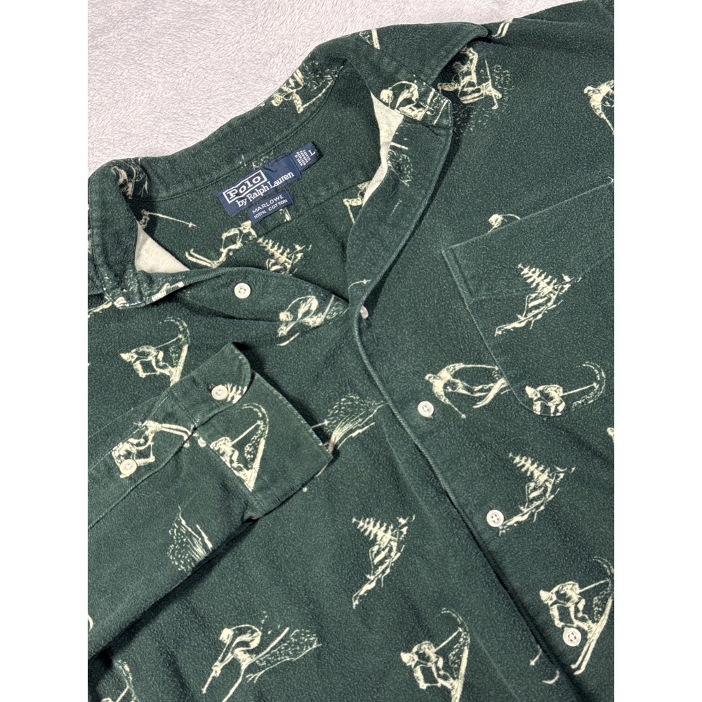 Polo Ralph Lauren Button Down Mens L Green Ski Print Marlowe Flannel Shirt